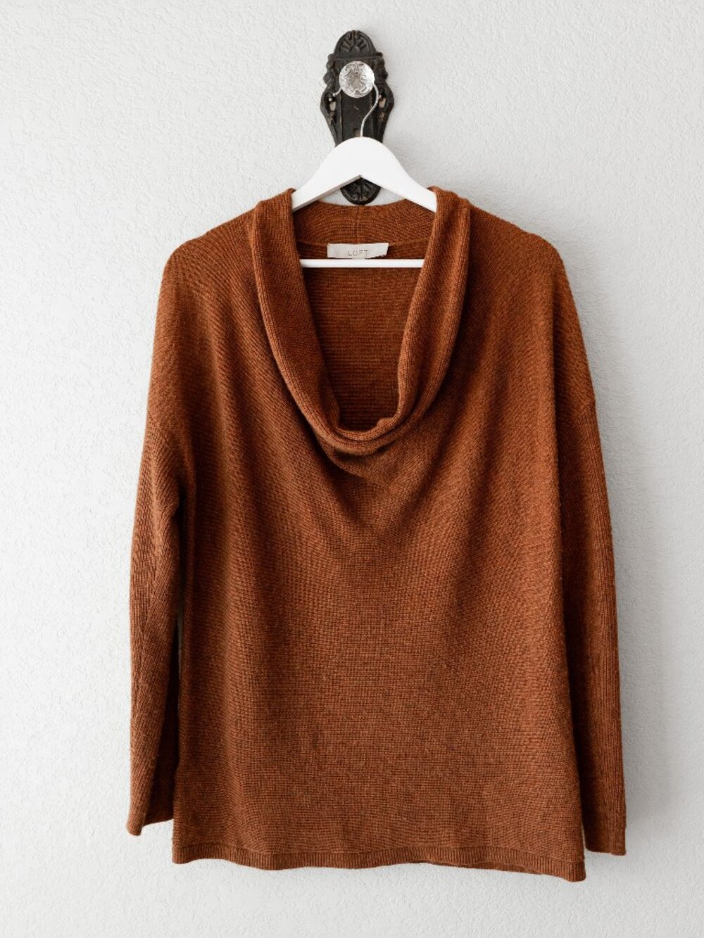 LOFT Cowl Neck Sweater Medium Brown Wool Blend Cozy Ribbed Knit Pullover